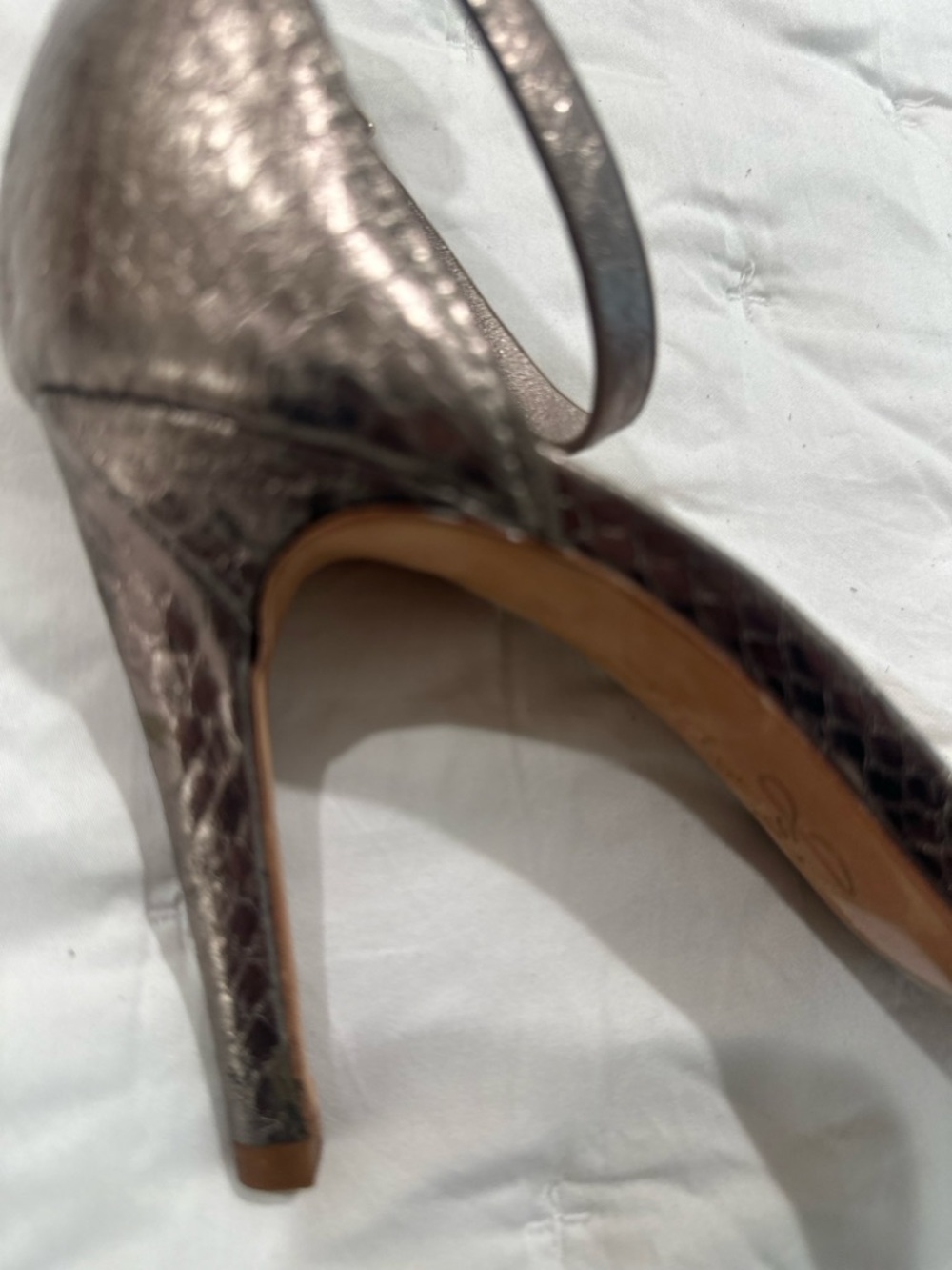 Joie Metallic Pewter Snakeskin-Texture Ankle Strap Heels - Picture 4 of 4